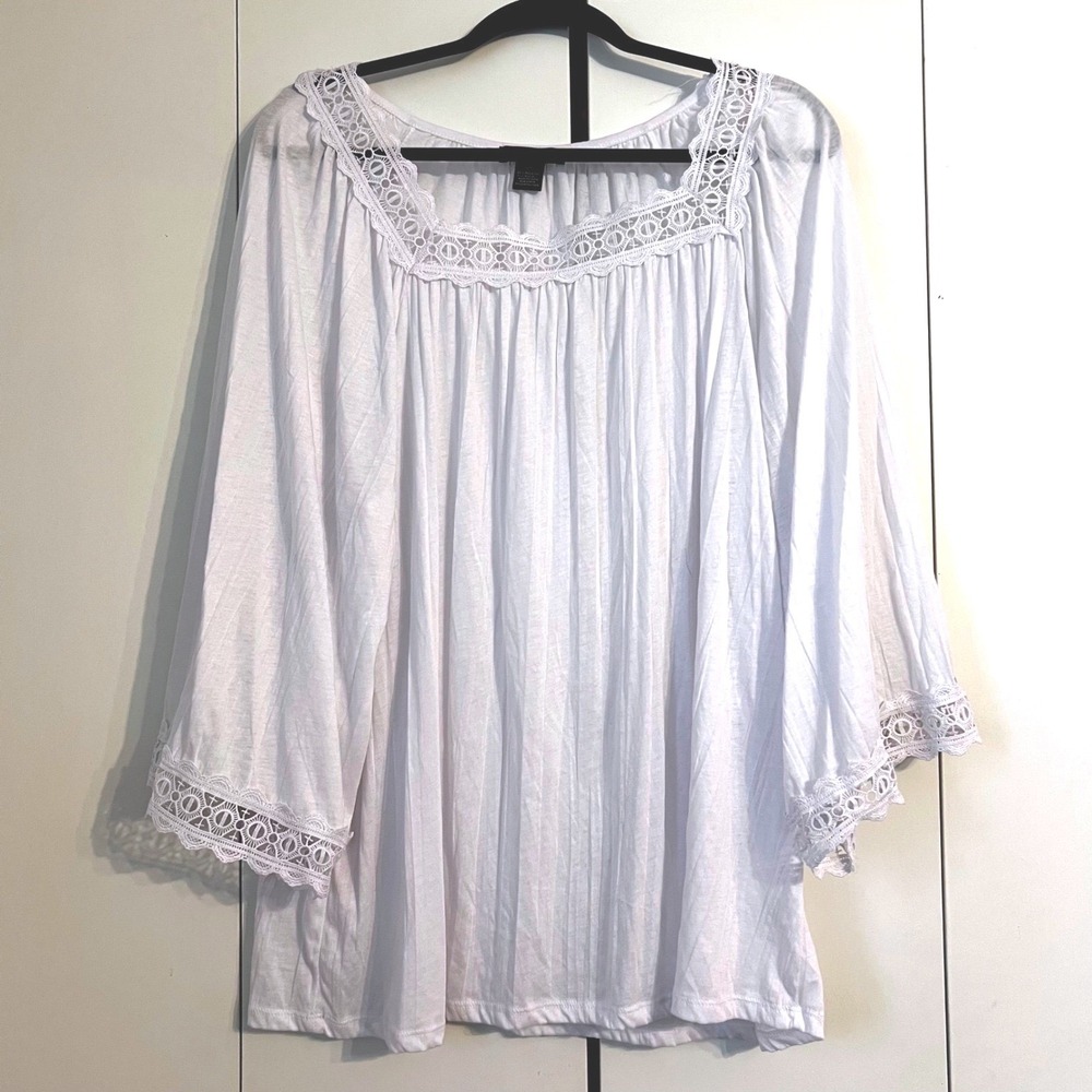 BYdesign White Crochet Lace Trim Peasant Blouse Bell Sleeve Plus Size 2X